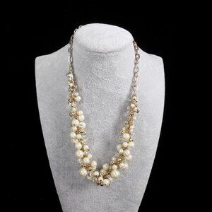 Vintage The Limited Faux White Pearl Shaky Necklace Two-Tone Clear Crystal Beads